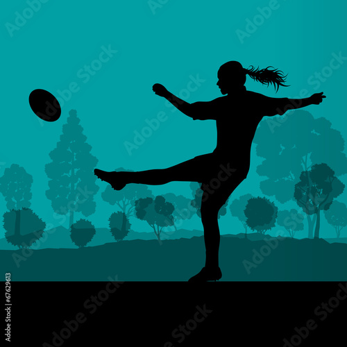 Woman rugby silhouette in countryside nature background illustra