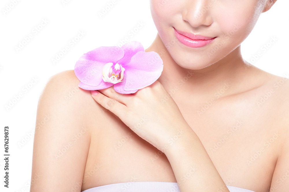 beautiful face with pink orchids beautiful face with pink orchids