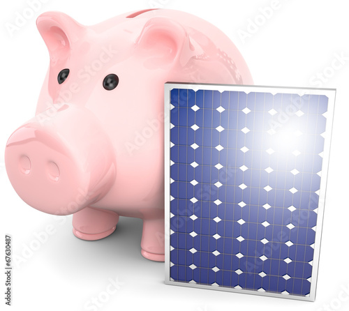 Sparschwein mit Solarpanel. photo