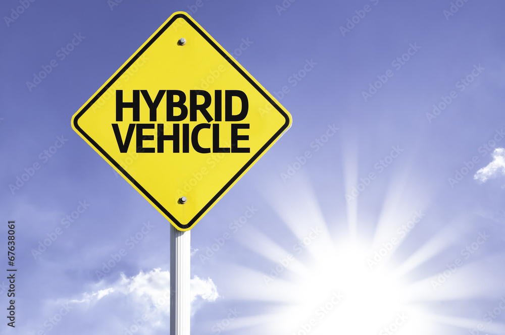 Hybrid Vehicle road sign with sun background Hybrid Vehicle road sign with sun background