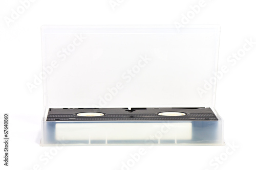 VHS video tape cassette in case on white background