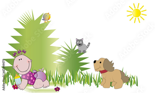 Bebé en el campo y animales