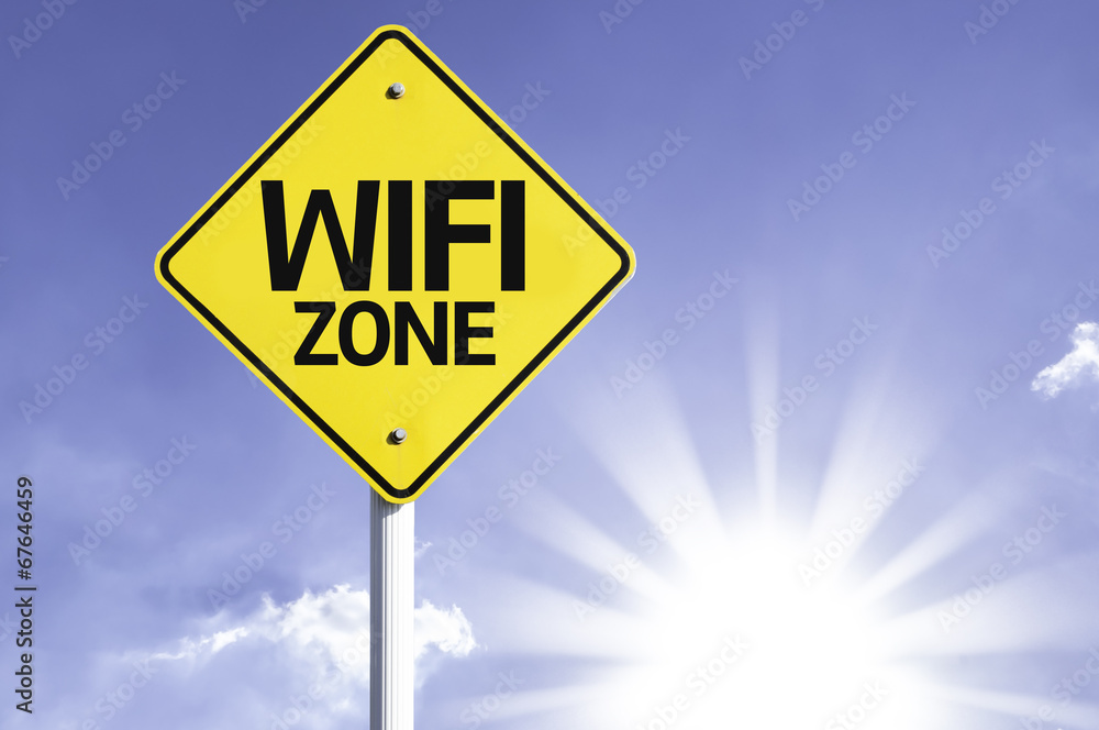 WIFI Zone road sign with sun background WIFI Zone road sign with sun background