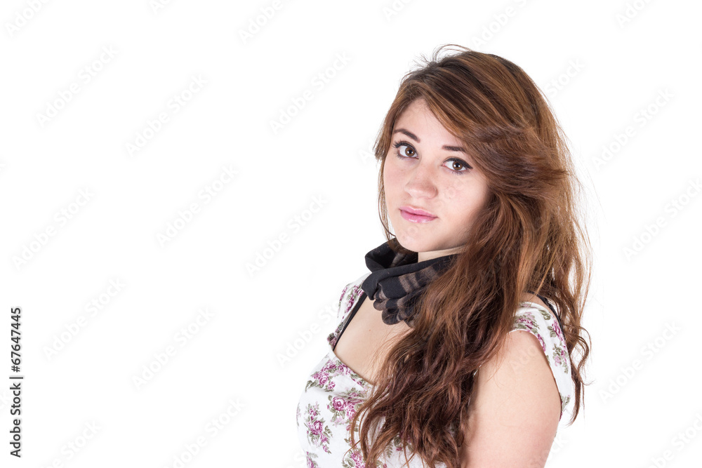 beautiful young girl with long hair weaing black scarf