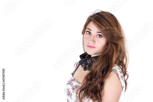 beautiful young girl with long hair weaing black scarf