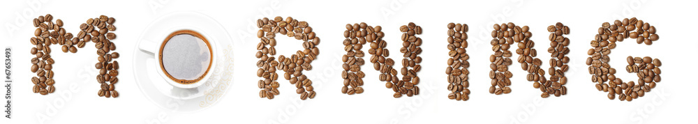 Word MORNING arranged from coffee beans and mug Word MORNING arranged from coffee beans and mug