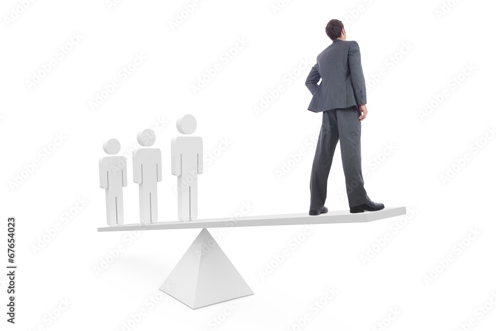 Scales weighing businessman and stick men Scales weighing businessman and stick men