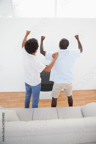 Football fans standing and cheering in front of tv
