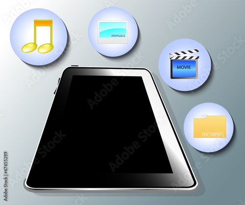 Illustration of tablet with media symbols