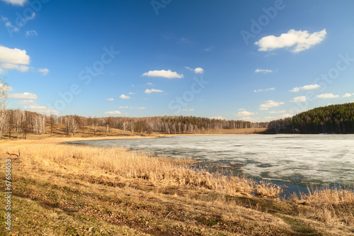 Frozen lake on the background of the spring landscape