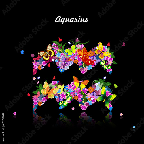 Pattern with butterflies, cute zodiac sign - aquarius