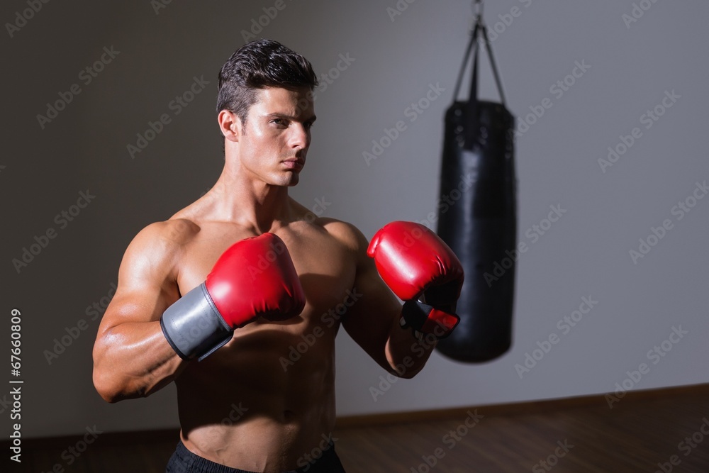 Shirtless muscular boxer in defensive stance in health club