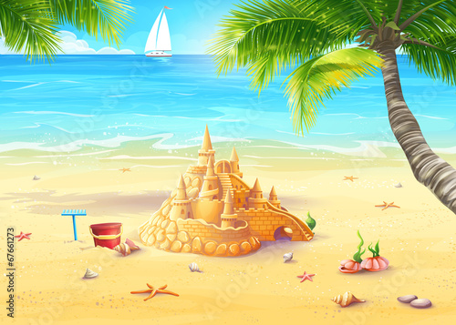 Illustration of the sea shore with palm trees, seashells