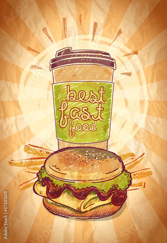 Design with hamburger, french fries and coffee.