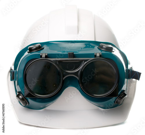 Safety hat, goggles glasses and hand glove isolated