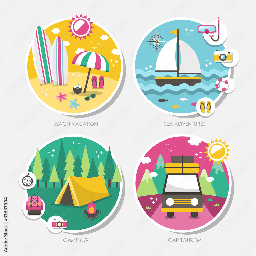 summer travel icons set in flat design