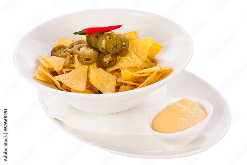 Nachos with cheese sauce and chilli pepperoni Nachos with cheese sauce and chilli pepperoni