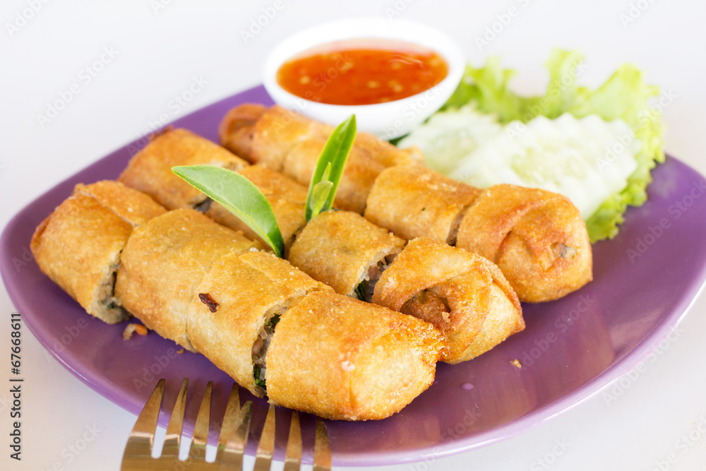 Fried spring rolls on white dish Fried spring rolls on white dish