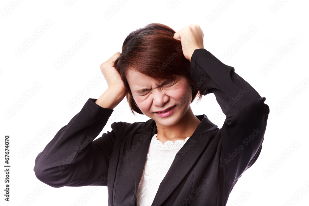Asian business woman frustrated and stressed pulling her hair Asian business woman frustrated and stressed pulling her hair