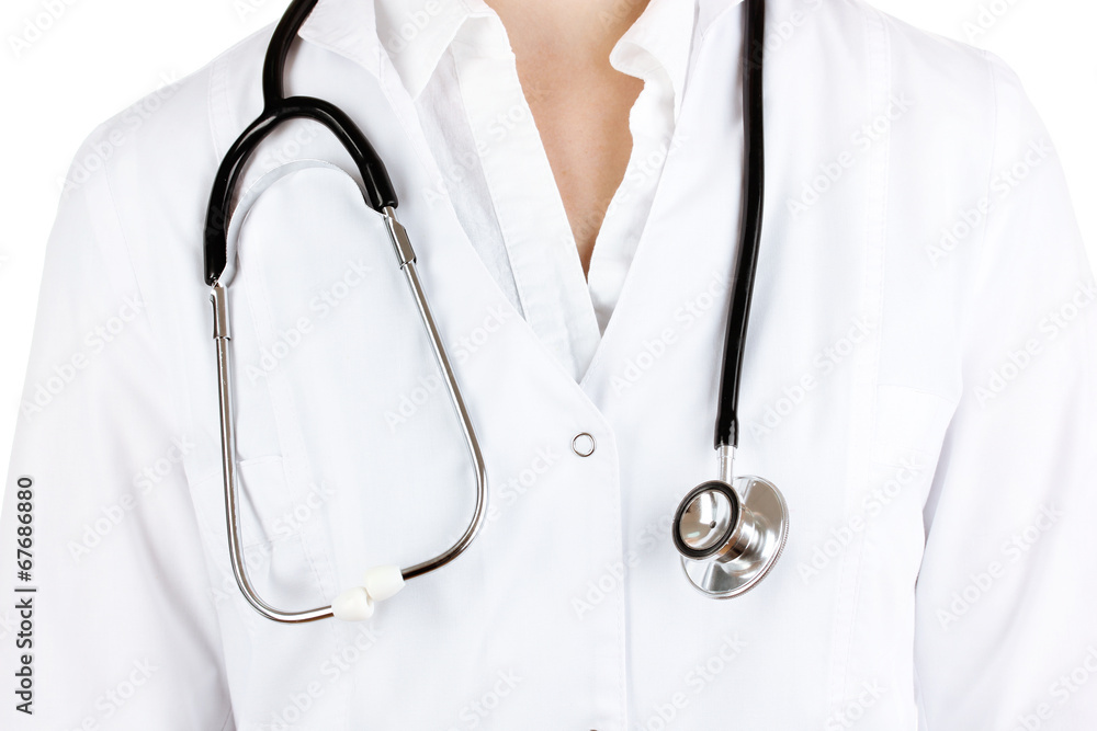 Doctor with stethoscope in hands isolated on white Doctor with stethoscope in hands isolated on white