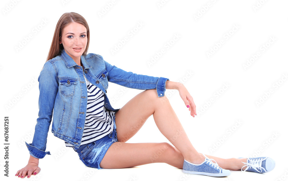 Beautiful young girl in shorts, jacket and t-shirt isolated Beautiful young girl in shorts, jacket and t-shirt isolated