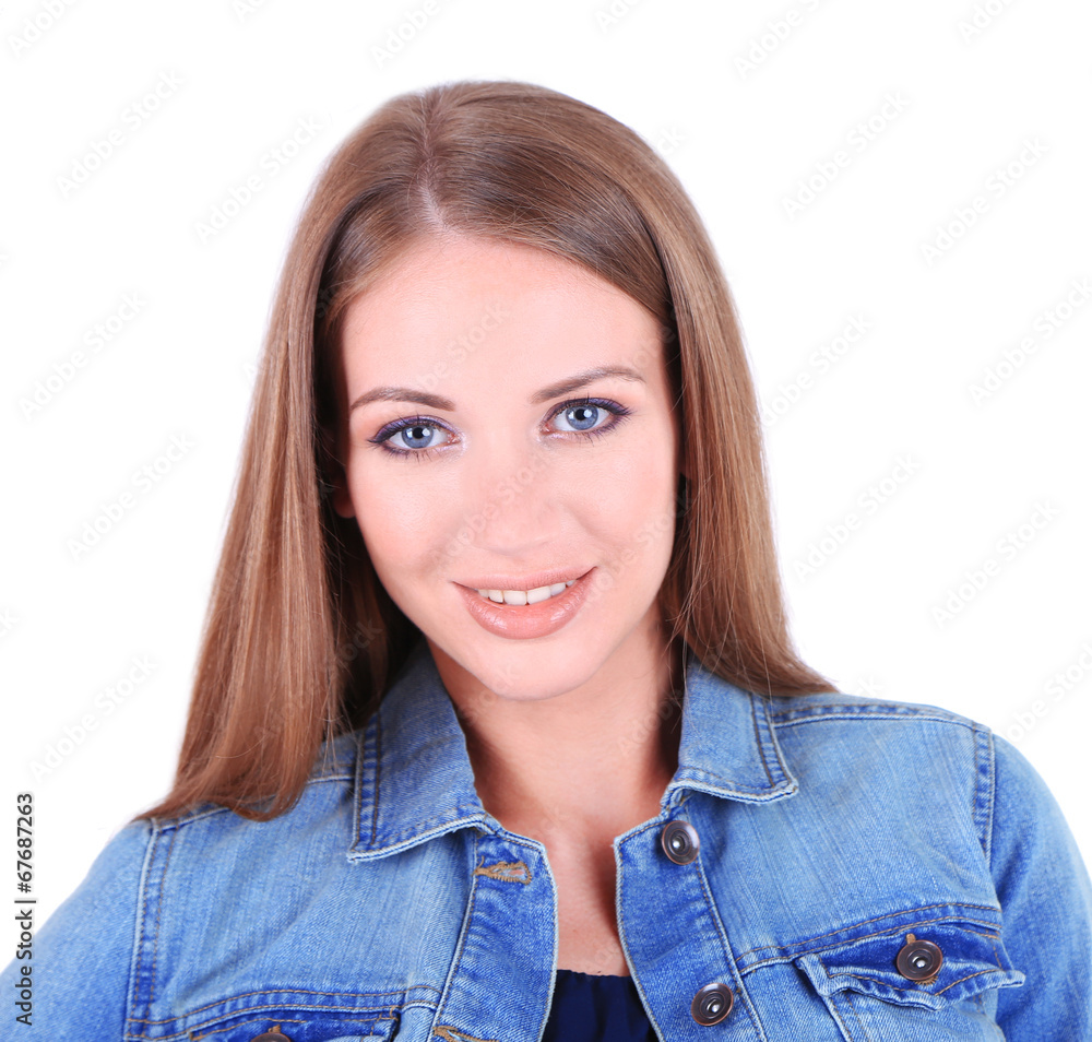 Beautiful young girl in jacket and t-shirt isolated on white Beautiful young girl in jacket and t-shirt isolated on white