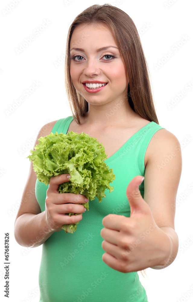 Beautiful girl with fresh lettuce, isolated on white Beautiful girl with fresh lettuce, isolated on white