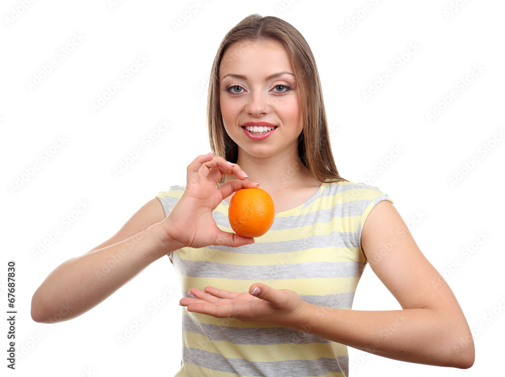 Beautiful girl with orange, isolated on white Beautiful girl with orange, isolated on white
