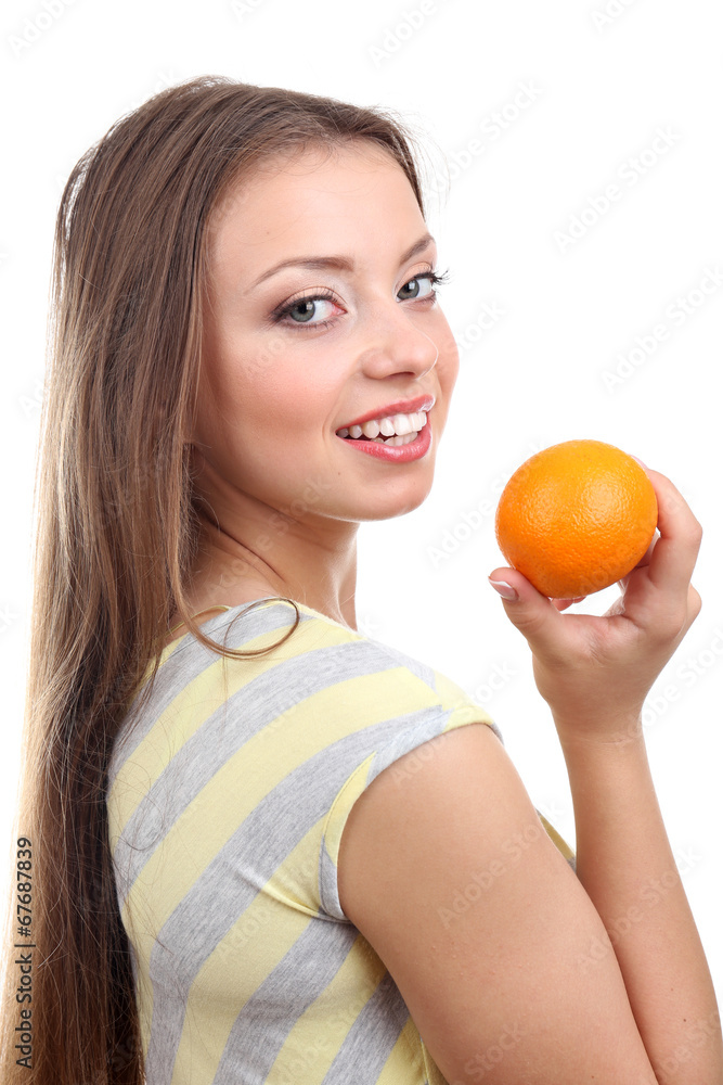 Beautiful girl with orange, isolated on white Beautiful girl with orange, isolated on white