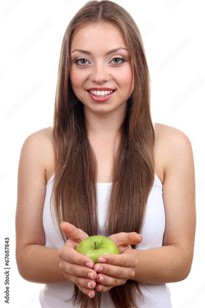 Beautiful girl with green apple, isolated on white