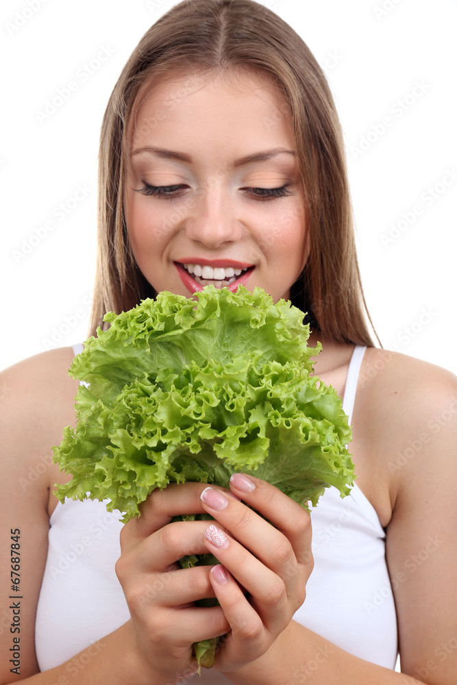 Beautiful girl with fresh lettuce, isolated on white Beautiful girl with fresh lettuce, isolated on white
