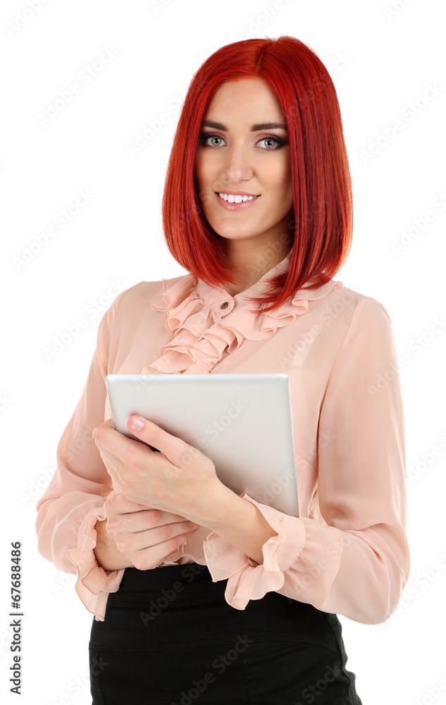 Young beautiful business woman holding tablet isolated on white Young beautiful business woman holding tablet isolated on white
