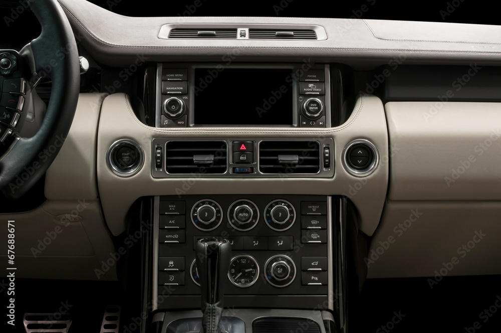 Business car interior. Screen multimedia system.