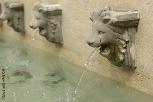Statue of lion heads spout water.