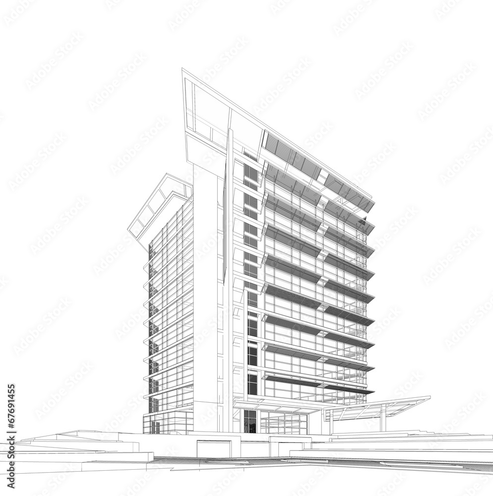 Perspective 3D render of building wireframe Perspective 3D render of building wireframe