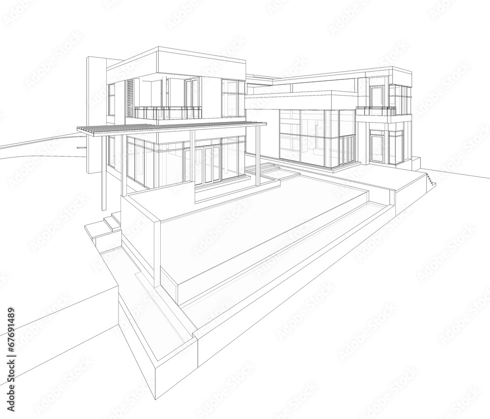 Fototapeta premium Perspective 3D render of building wireframe 