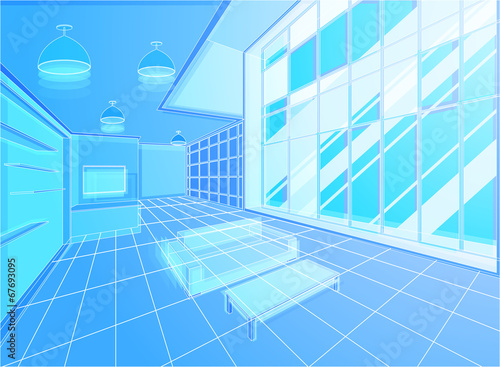 Wireframe living room scene blue abstract background