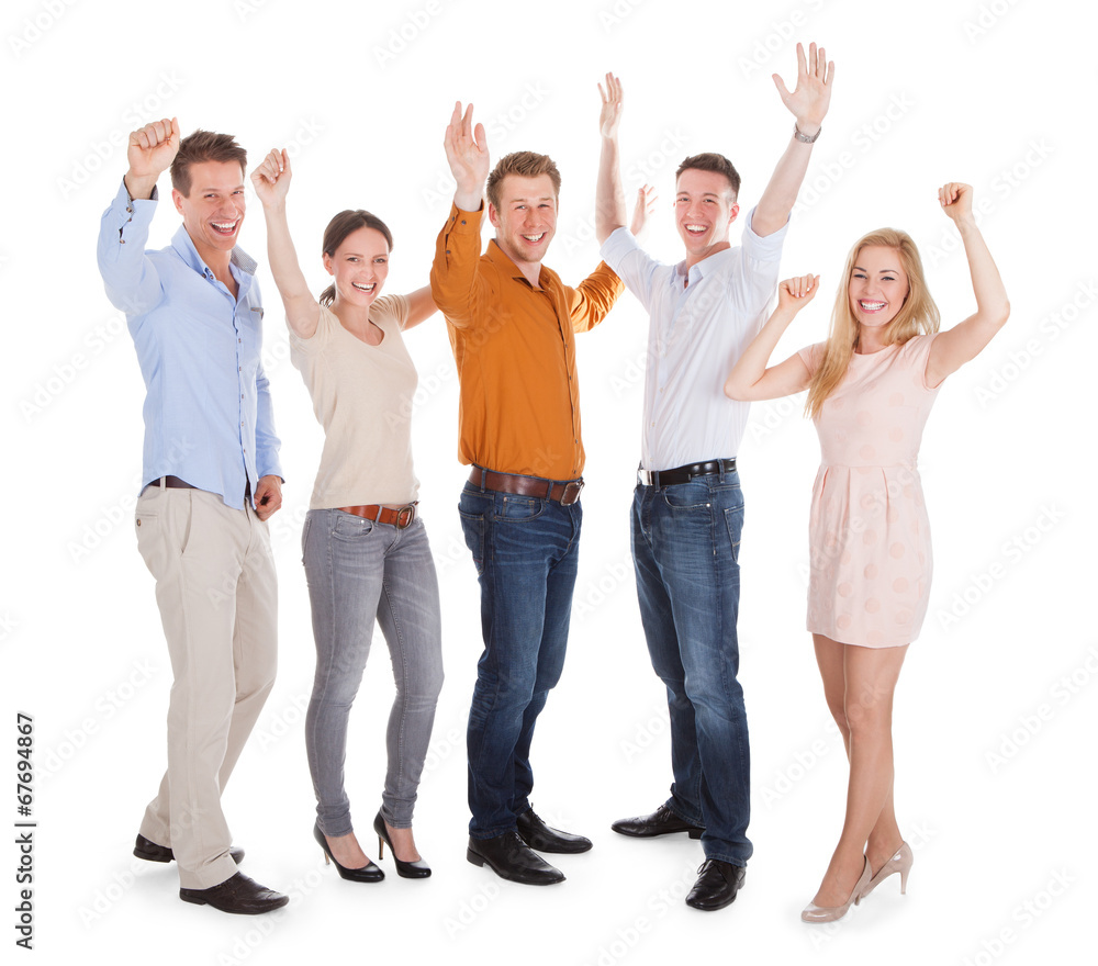 Excited Friends Jumping Over White Background