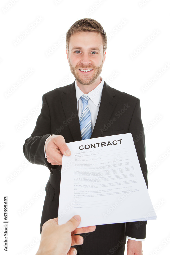 Happy Businessman Giving Contract Paper Over White Background