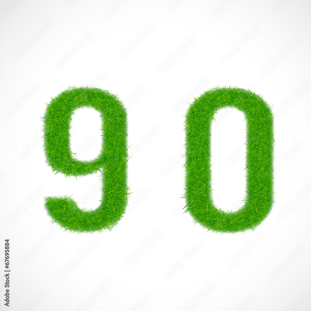 9, 0 number with grass textured isolated white, vector 9, 0 number with grass textured isolated white, vector