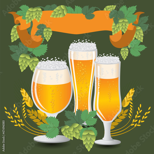 Glasses beer with wheat and hops
