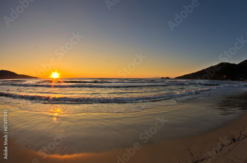 Sunrise and waves at the golden beach, Thassos island