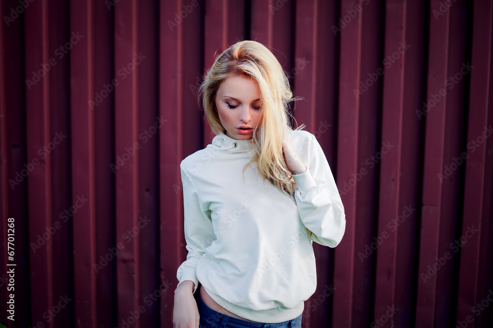 Blonde cute girl fashion look. Blonde cute girl fashion look.