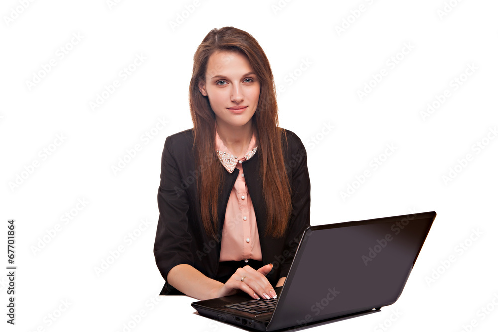 beautiful business woman smile sitting using laptop, isolated beautiful business woman smile sitting using laptop, isolated