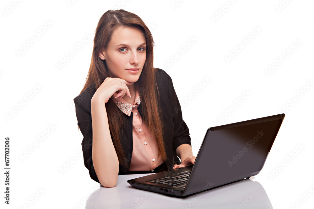 beautiful business woman smile sitting using laptop, isolated beautiful business woman smile sitting using laptop, isolated