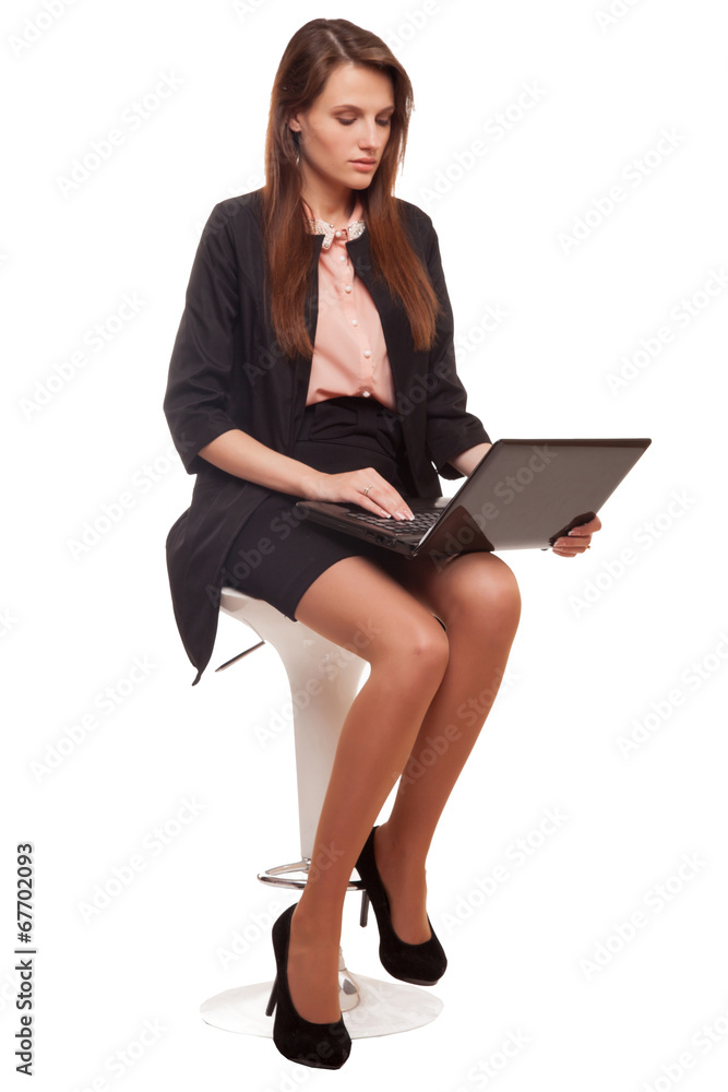 beautiful business woman smile sitting using laptop, isolated beautiful business woman smile sitting using laptop, isolated