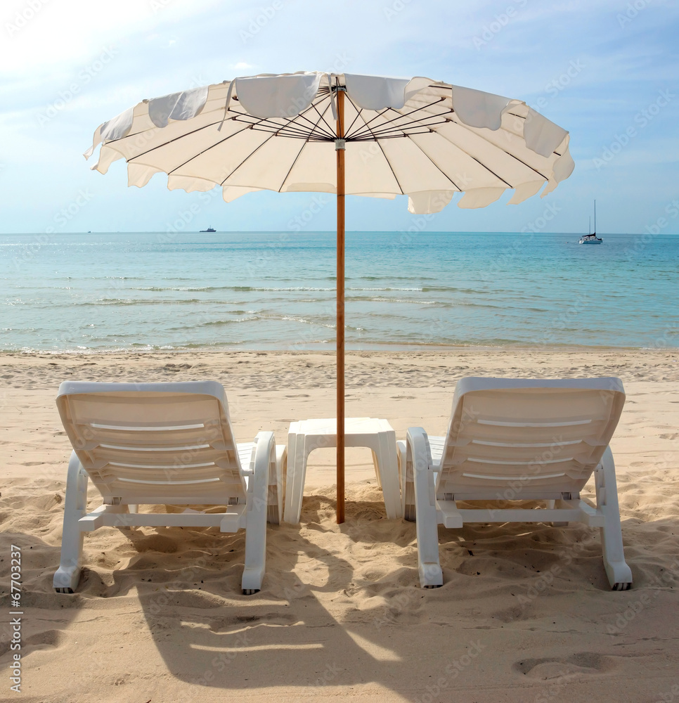 Thailand - White Sandy Beach with Loungers and Umbrellas