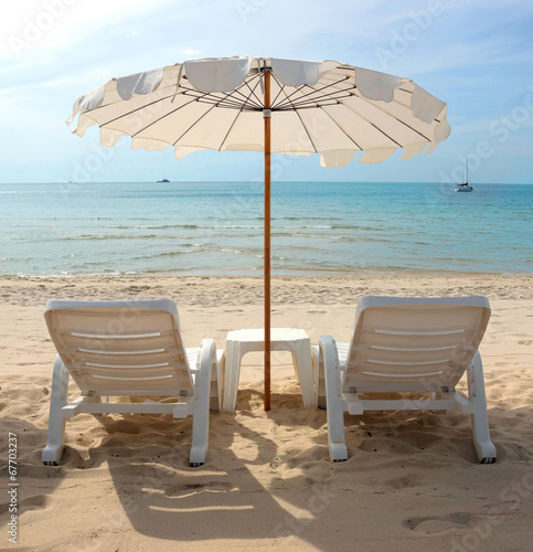 Thailand - White Sandy Beach with Loungers and Umbrellas