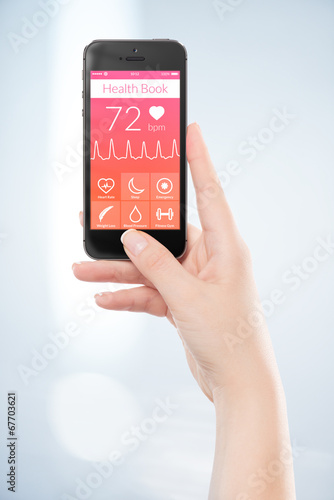 Front view black mobile smartphone with health app