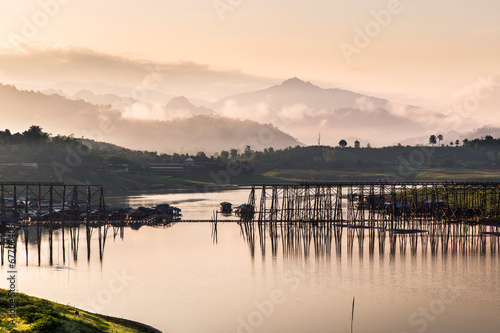 morning at wooden bridge the second longest in thailand